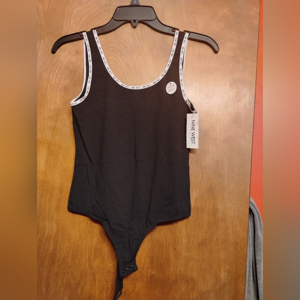 Nine West Logo Trim Thong Bodysuit in Black